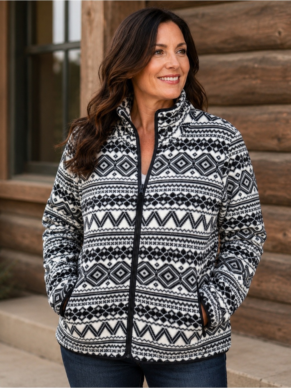 Talbots Womens Fleece Jacket 2X Black White Southwestern Fair Isle Zip Geo NWOT